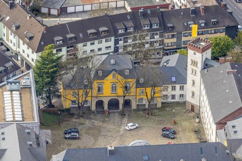 Aerial view, catholic church Basilica St. Ludgerus, Mensa Campus Folkwang, Werden, Essen, Ruhr