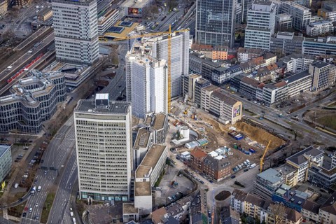 Aerial view, demolition of the Ypsilon-Haus of the RWE headquarters Essen in Huyssenallee, planned