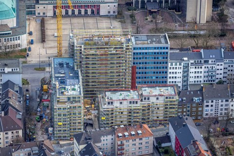 Aerial view, Huyssenallee, construction site, new building complex with residential tower and