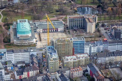 Aerial view, Philharmonie Essen, Huyssenallee, construction site, new building complex with