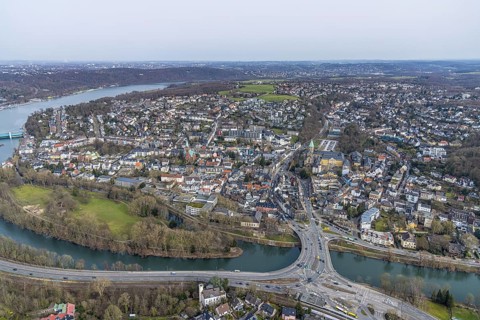 Aerial view, Brehminsel and Ruhr bridge over the river Ruhr, Werden, Essen, Ruhr area, North