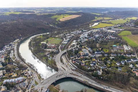 Aerial view, park and sports field in Löwental, Ruhrtalstraße with Ruhr bridge over the river Ruhr,