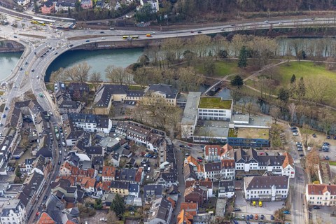 Aerial view, park and sports field in Löwental, Ruhrtalstraße with Ruhr bridge over the river Ruhr,