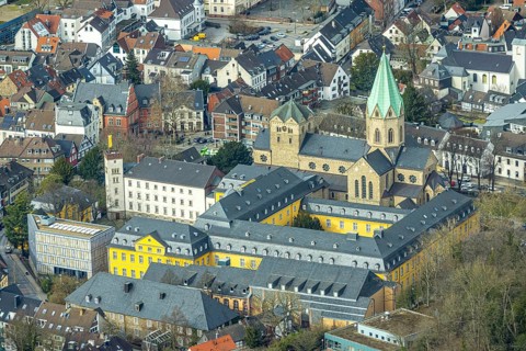 Aerial view, catholic church basilica St. Ludgerus, Werden, Essen, Ruhr area, North