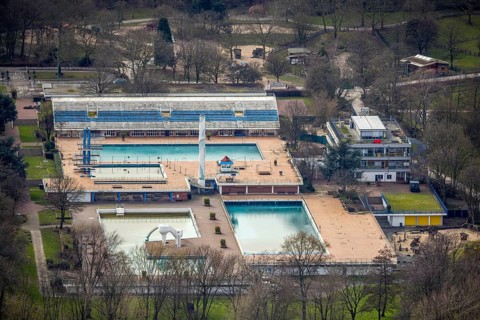 Aerial view, Grugabad im Grugapark, Essen-Rüttenscheid, Essen, Ruhr area, North Rhine-Westphalia,