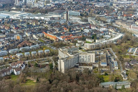 Aerial view, Alfried Krupp Hospital, Essen-Rüttenscheid, Essen, Ruhr area, North Rhine-Westphalia,