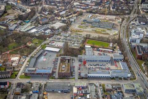 Aerial view, construction site at Ruhrbahn depot city centre, volunteer fire brigade Essen-Mitte,