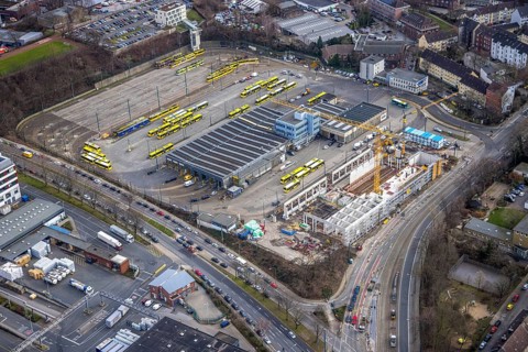 Aerial view, construction site, new hall construction Ruhrbahn depot, Ostviertel, Essen, Ruhr area,