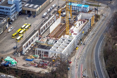 Aerial view, construction site, new hall construction Ruhrbahn depot, Ostviertel, Essen, Ruhr area,