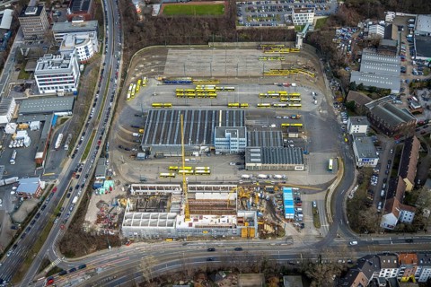 Aerial view, construction site, new hall construction Ruhrbahn depot, Ostviertel, Essen, Ruhr area,