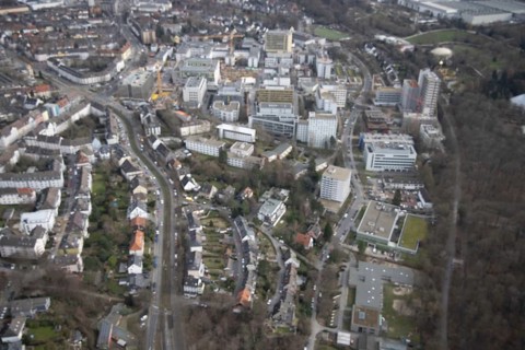 Aerial view, University Hospital Essen, construction site at the building Institute Group 1 (IG1),