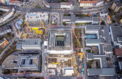 Aerial view, University Hospital Essen, medical centre, construction site, Essen-Holsterhausen,