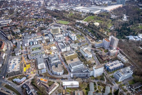Aerial view, University Hospital Essen, construction site at the building Institute Group 1 (IG1),