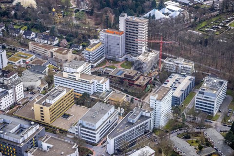 Aerial view, University Hospital Essen, construction site at the building Institute Group 1 (IG1),