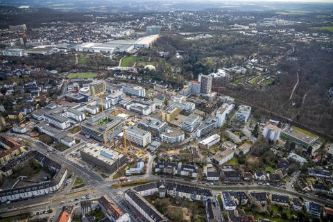 Aerial view, University Hospital Essen, construction site at the building Institute Group 1 (IG1),