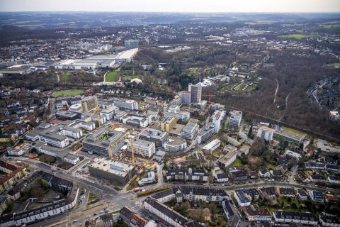 Aerial view, University Hospital Essen, construction site at the building Institute Group 1 (IG1),