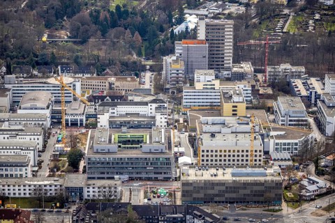 Aerial view, University Hospital Essen, medical centre, construction site, Essen-Holsterhausen,