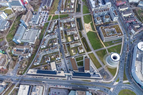 Aerial view, Funke Mediengruppe headquarters, Jakob-Funke-Platz 1, Green Centre Essen, Westviertel,