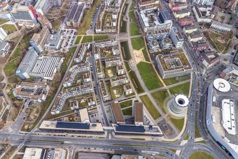 Aerial view, Funke Mediengruppe headquarters, Jakob-Funke-Platz 1, Green Centre Essen, Westviertel,