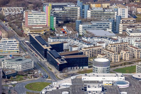 Aerial view, Funke Mediengruppe headquarters, Jakob-Funke-Platz 1, Green Centre Essen, Westviertel,