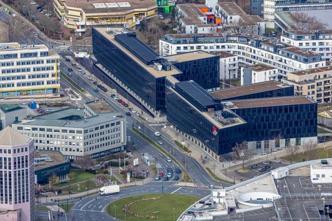 Aerial view, Funke Mediengruppe headquarters, Jakob-Funke-Platz 1, Westviertel, Essen, Ruhr area,