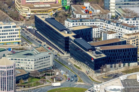 Aerial view, Funke Mediengruppe headquarters, Jakob-Funke-Platz 1, Westviertel, Essen, Ruhr area,