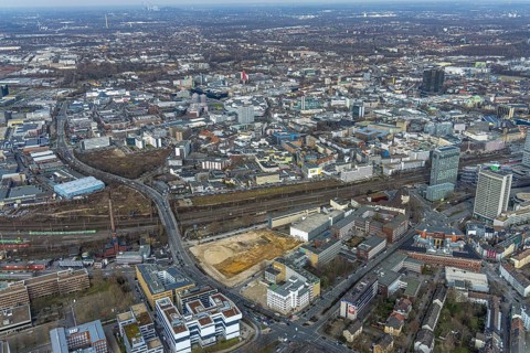 Aerial view, construction area for new literature quarter, demolition work former newspaper