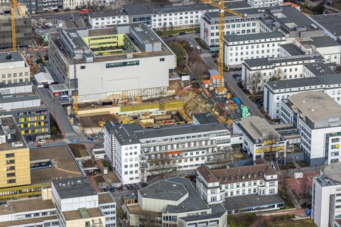 Aerial view, University Hospital Essen, medical centre, construction site, Essen-Holsterhausen,