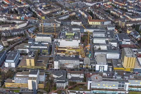 Aerial view, University Hospital Essen, construction site at the building Institute Group 1 (IG1),