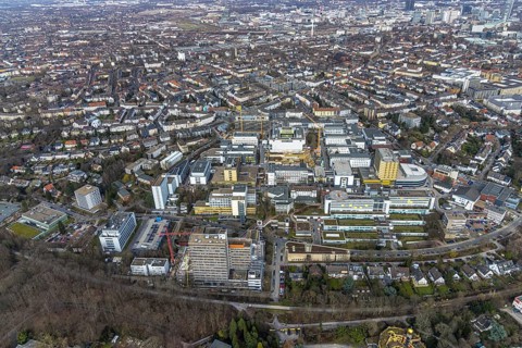 Aerial view, Essen University Hospital, construction site at the Institute Group 1 (IG1) building,