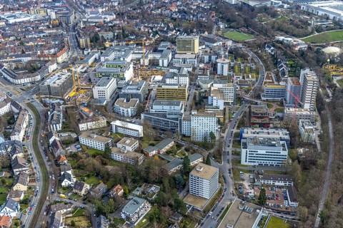 Aerial view, University Hospital Essen, construction site at the building Institute Group 1 (IG1),