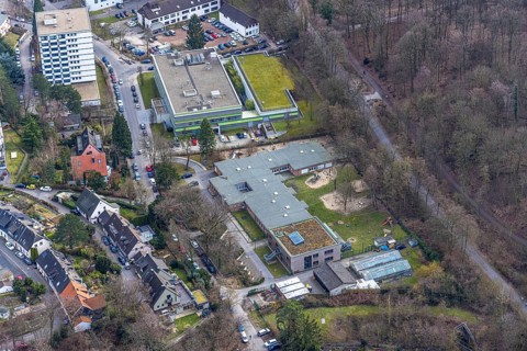Aerial view, company day care centre UK Essen Am Mühlenbach, West German Proton Therapy Centre
