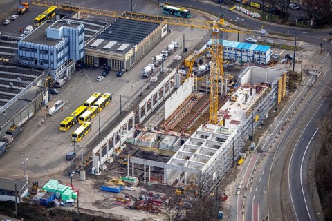 Aerial view, construction site, new hall construction Ruhrbahn depot, Ostviertel, Essen, Ruhr area,