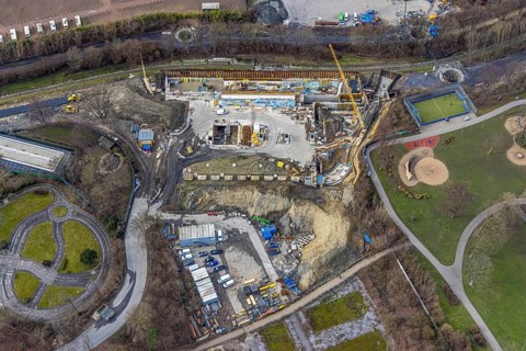 Aerial view, construction site in Nordpark, Nordviertel, Essen, Ruhr area, North Rhine-Westphalia,