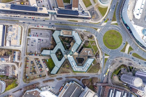 Aerial photo, Agentur für Arbeit Essen, Berliner Platz, Westviertel, Essen, Ruhr area, North