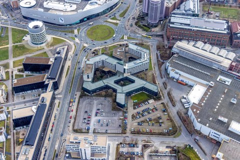 Aerial photo, Agentur für Arbeit Essen, Berliner Platz, Westviertel, Essen, Ruhr area, North