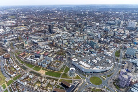 Aerial view, shopping centre at Limbecker Platz, Funke Mediengruppe headquarters, city centre,