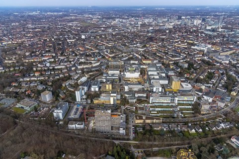 Aerial view, University Hospital Essen, construction site at the building Institute Group 1 (IG1),
