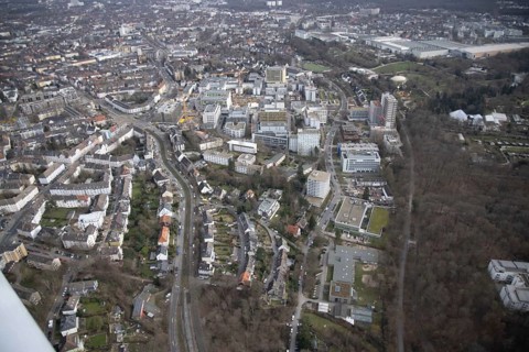 Aerial view, University Hospital Essen, construction site at the building Institute Group 1 (IG1),