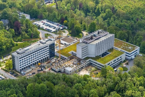 Aerial view, Ruhrlandklinik with construction site, Essen-Heidhausen, Essen, Ruhr area, North