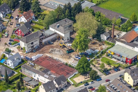 Aerial view, construction site with demolition of the school on the Ruhr, Kettwig, Essen, Ruhr