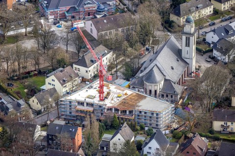 Aerial view, conversion of St. Mary's Church into flats and new construction for flats,