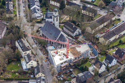 Aerial view, conversion of St. Mary's Church into flats and new construction for flats,