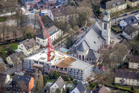 Aerial view, conversion of St. Mary's Church into flats and new construction for flats,