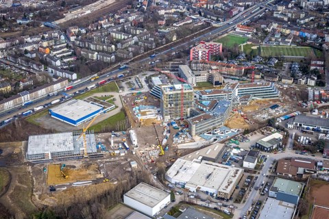 Aerial view, new construction ALDI-Nord Campus, Eckenbergstraße / Am Luftschacht, Essen-Kray,