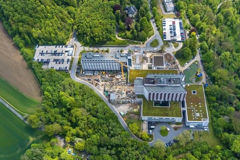 Aerial view, Ruhrlandklinik with construction site, Essen-Heidhausen, Essen, Ruhr area, North