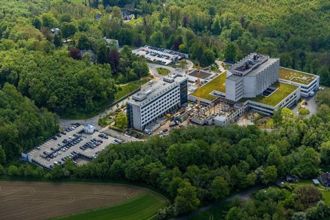 Aerial view, Ruhrlandklinik with construction site, Essen-Heidhausen, Essen, Ruhr area, North
