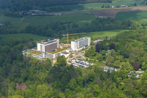 Aerial view, Ruhrlandklinik with construction site, Essen-Heidhausen, Essen, Ruhr area, North