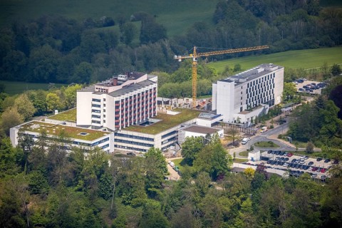 Aerial view, Ruhrlandklinik with construction site, Essen-Heidhausen, Essen, Ruhr area, North