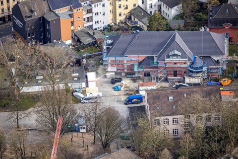 Aerial view, renovation of gymnasium Schule Im Steeler Rott, Buschstraße, Essen-Steele, Essen, Ruhr